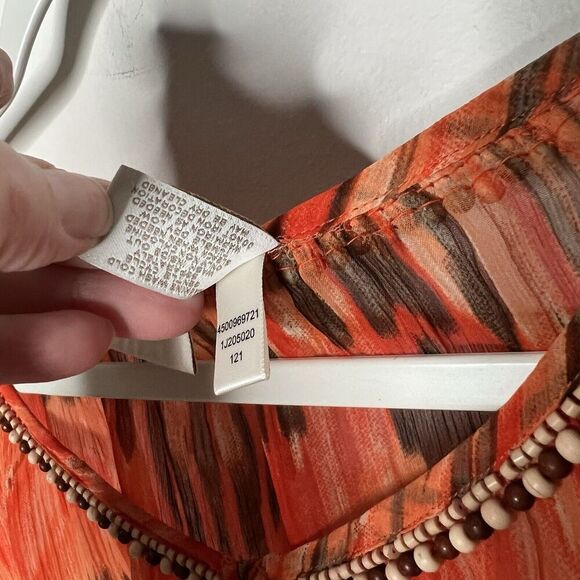 Chicos Top Womens Large Orange Sheer Beaded Chiffon 3/4 Sleeve Shirt Flowy Boho - Picture 6 of 11
